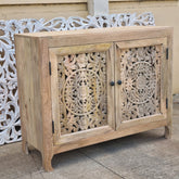 Indian Handmade Carved Wooden 2 Doors Cabinet Natural Color 100x40x80Cm